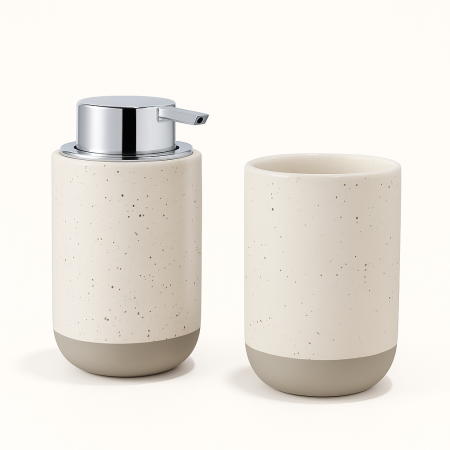 Set de Baño Cerámico Minimalista – Blanco con Detalles en Gris